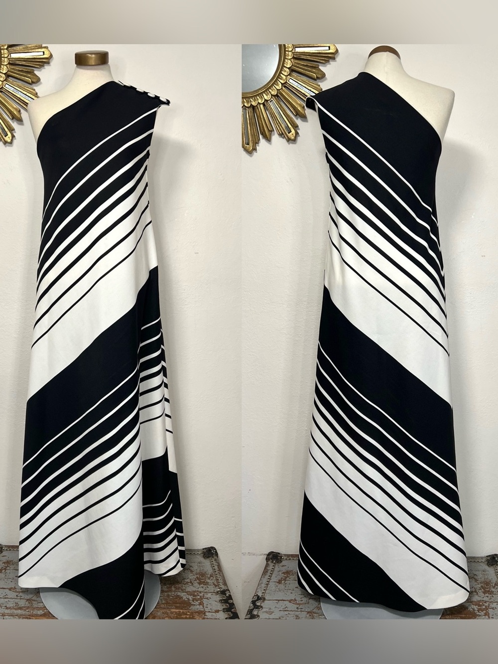 Vintage Asymmetric One-Shoulder Black & White Stripe Maxi Dress and Scarf